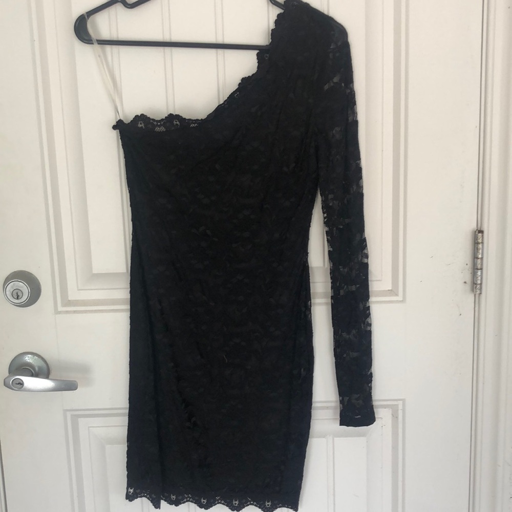 One sleeve black lace dress
